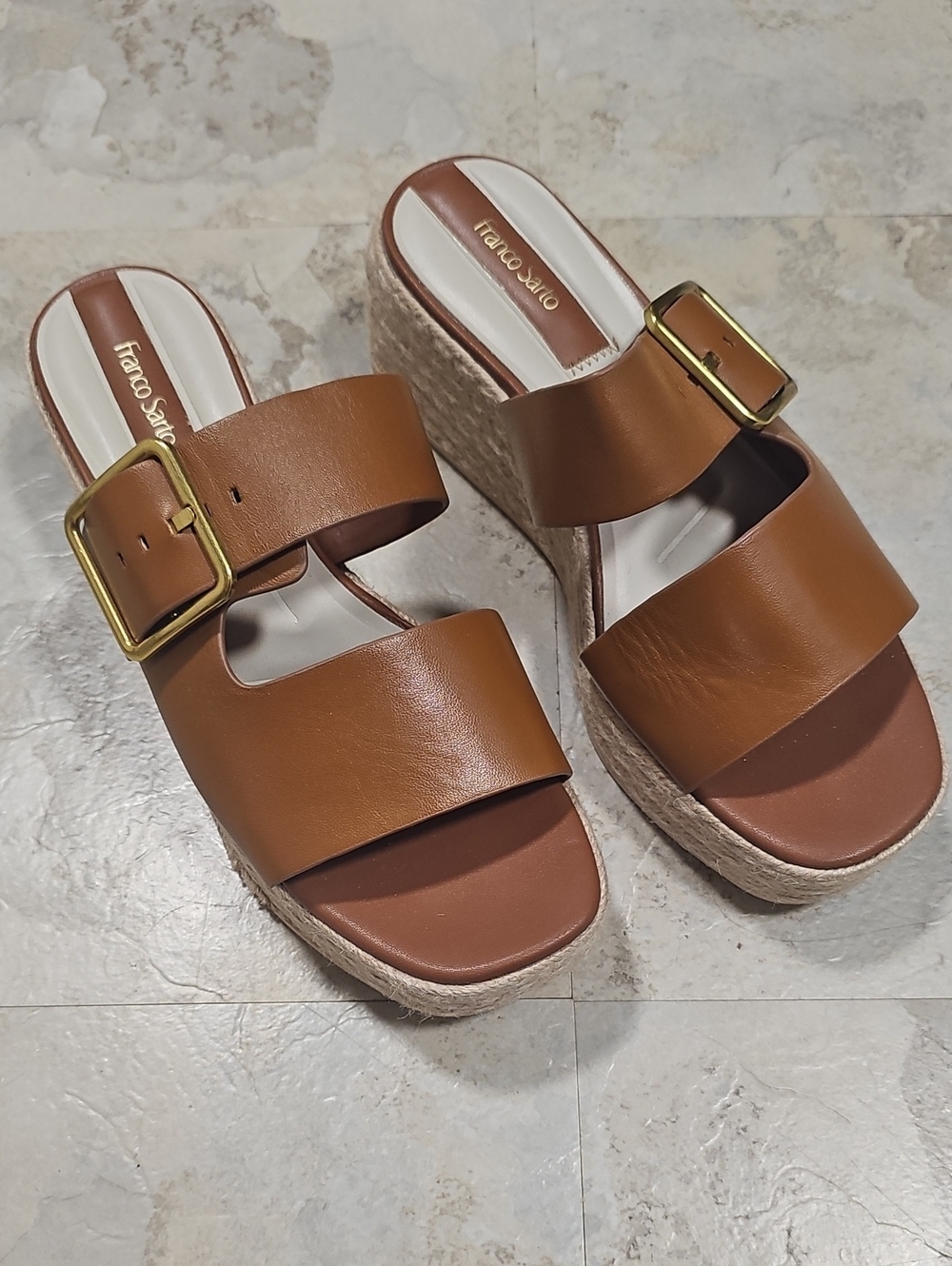 Franco Sarto Tan Brown Leather Double-Band Espadrille Wedges